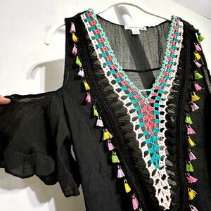 Swim Coverup - Cold Shoulder - Black with Crochet and Tassels